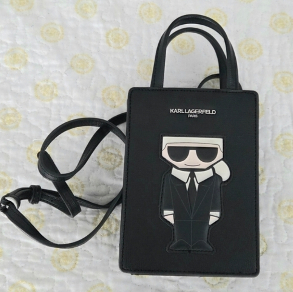 Karl Lagerfeld Black Leather Mini Tote Crossbody with Character Applique